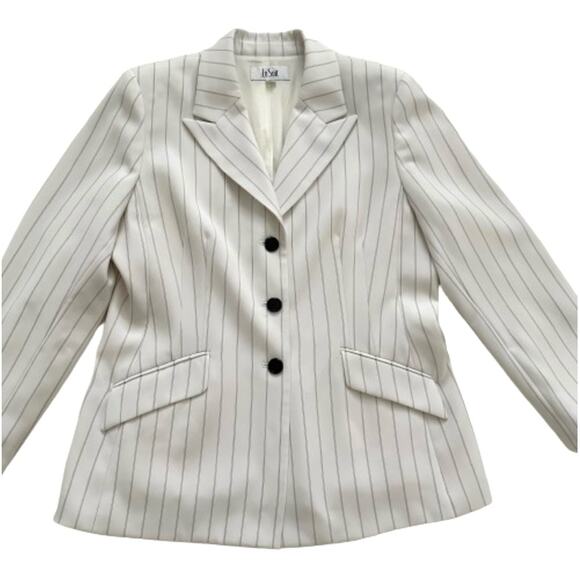Le Suit Ivory Black Pinstriped Long Sleeve Flap Pockets Blazer Jacket Size 14 - Picture 8 of 12